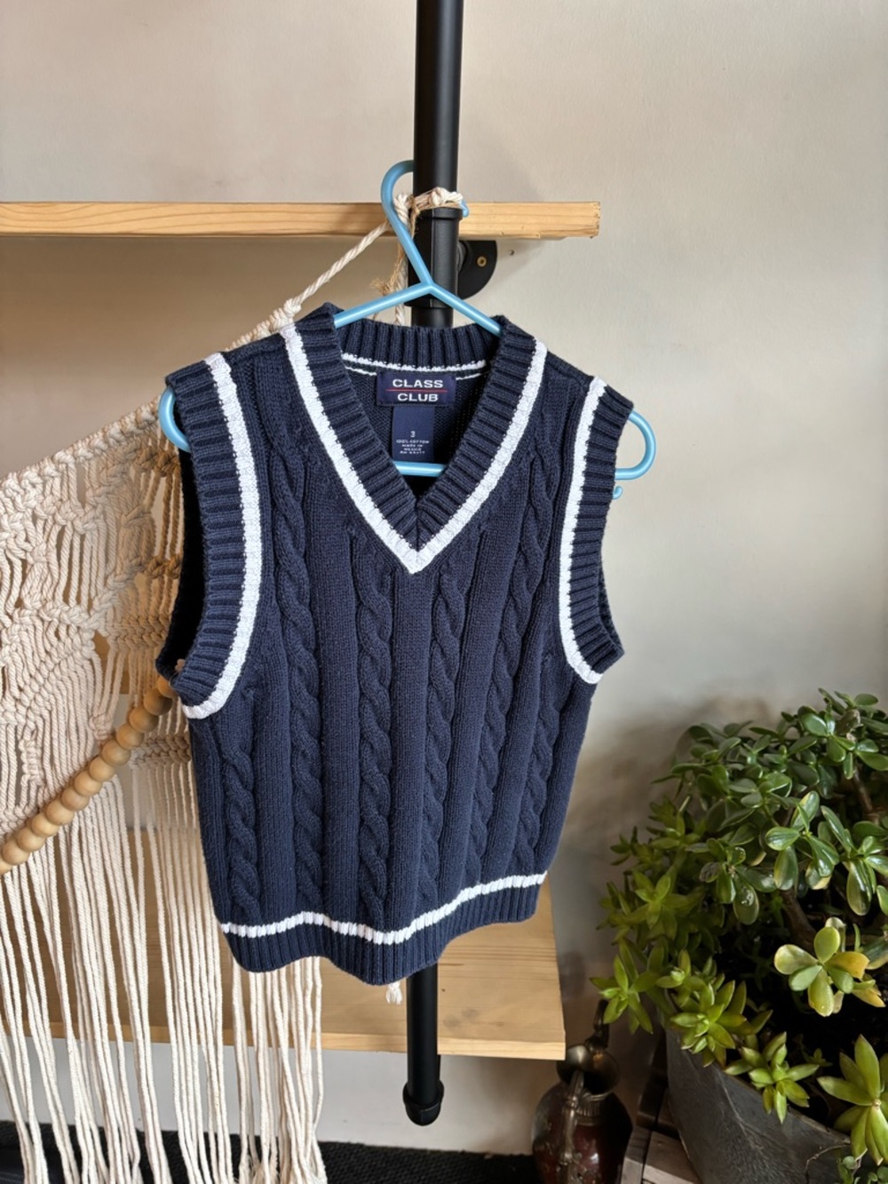 Vintage Class Club Navy Cable Knit V-Neck Sweater Vest